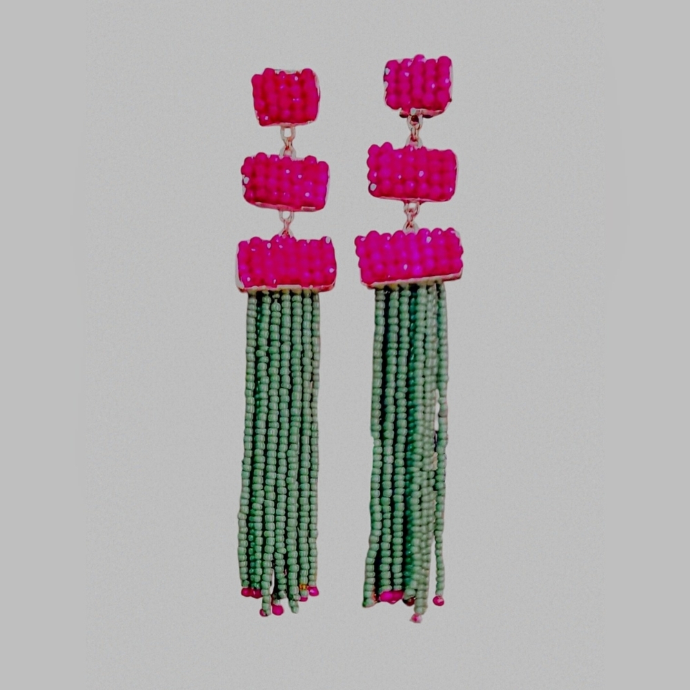 5" Hot Pink and Green Dangle Seedbead Beaded Earrings Bright Fiesta Jewelry